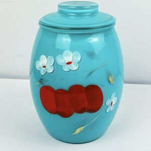 Vtg Bartlett Collins Turquoise Glass Cookie Jar Hand Painted Apple Blossom W Lid